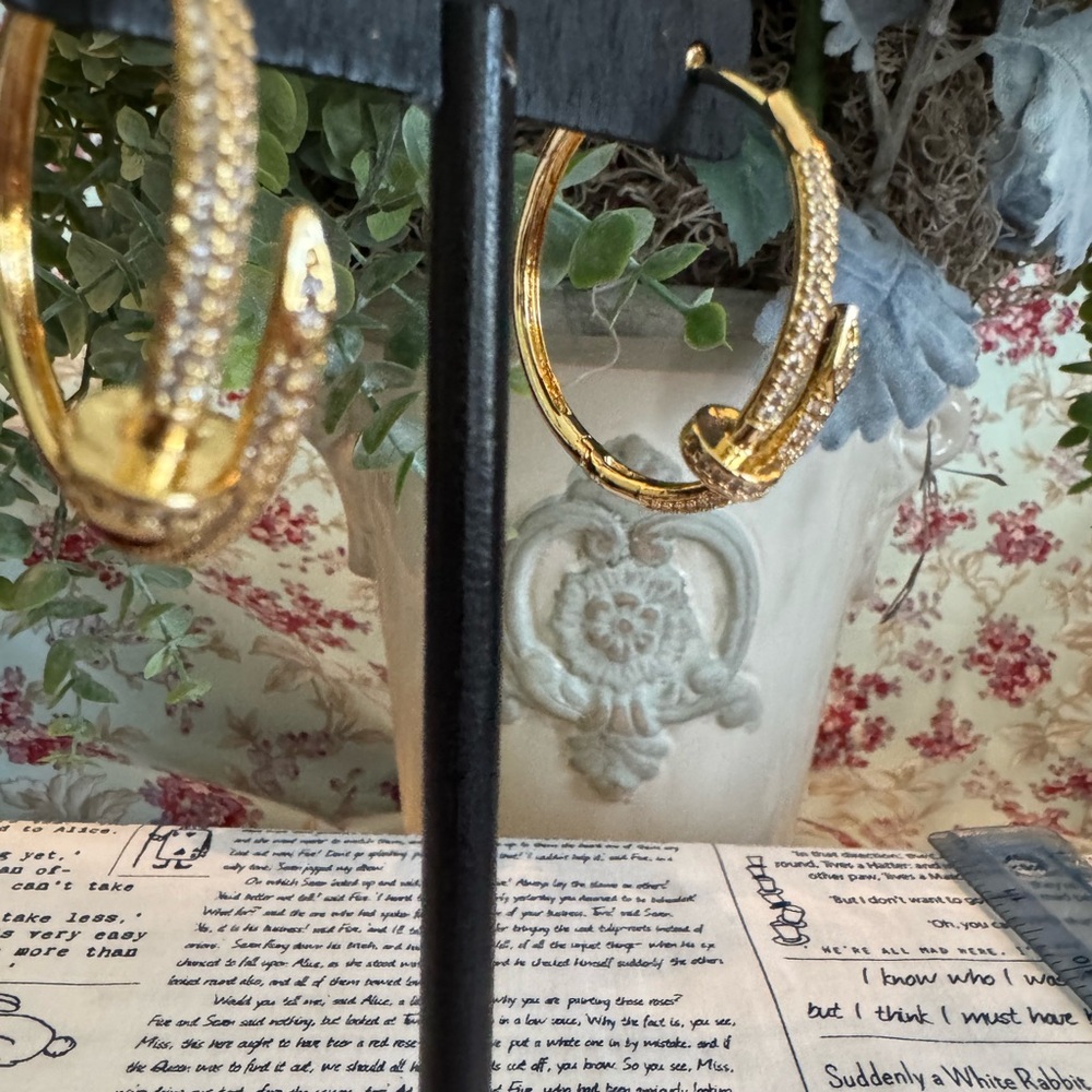 Stainless Steeo Gold Nail Hoop Earrings - Sparkling Gold Tone